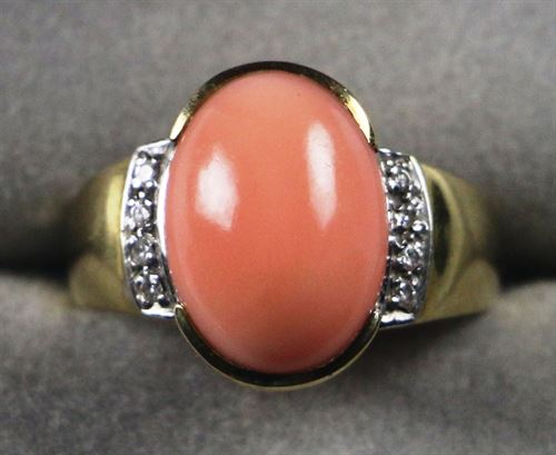 14K Gold Ring with Angel Skin Coral Cabochon and Diamonds