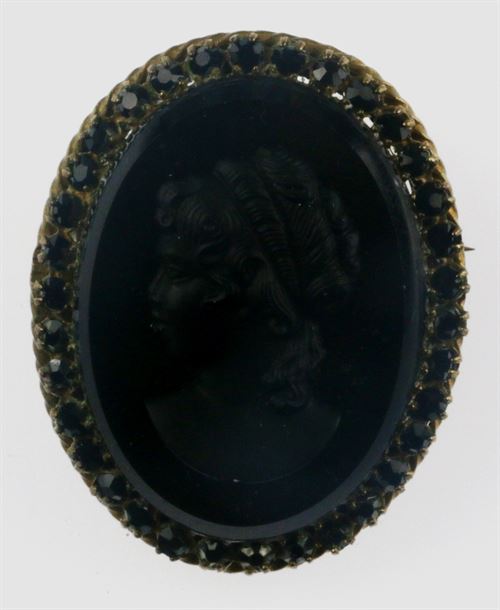 Black Cameo Brooch Framed in Rhinestones